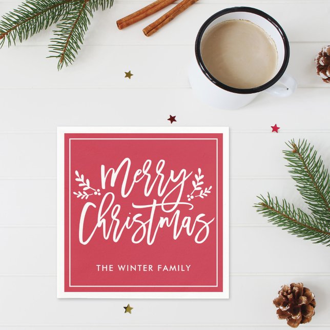 Serviette En Papier Joyeux Noël Rouge moderne Script Holiday (Créateur téléchargé)