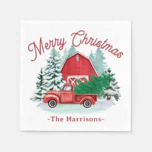 Serviette En Papier Joyeux Noël Russe Rouge Ferme Camion Blanc