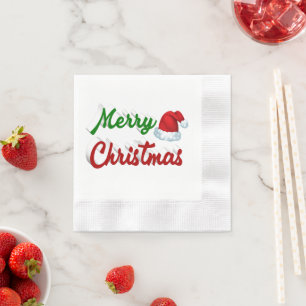 Serviette En Papier Joyeux Noël Santa Chapeau rouge vert script