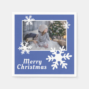 Serviette En Papier Joyeux Noël Snowflakes Blue Family Photo