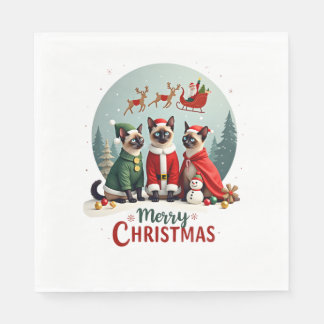 Serviette En Papier Joyeux Noël Trois Santa Elfe Renne Chats Siamois C