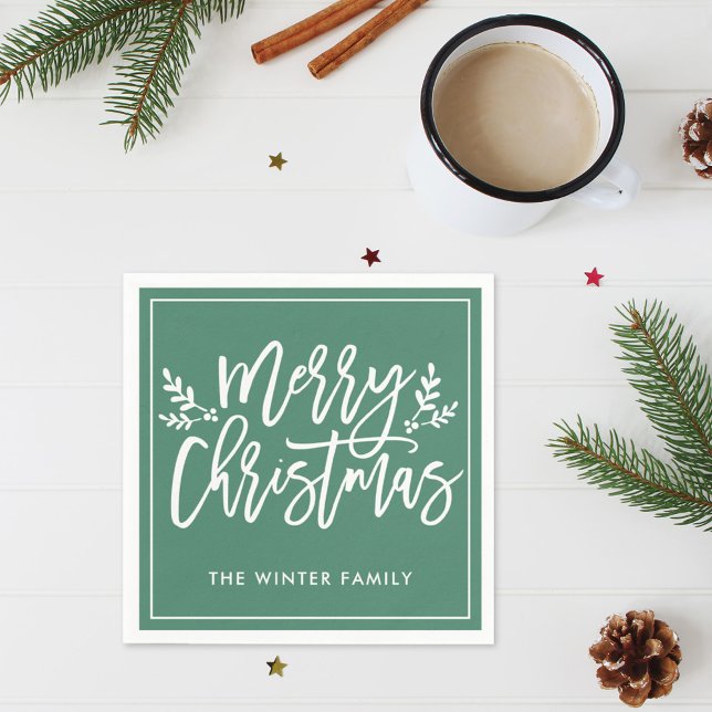 Serviette En Papier Joyeux Noël Vert moderne Script Vacances (Créateur téléchargé)