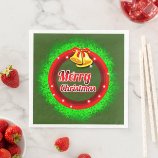 Serviette En Papier Joyeux Noël Wreath Gold Bell Red Green Napkin