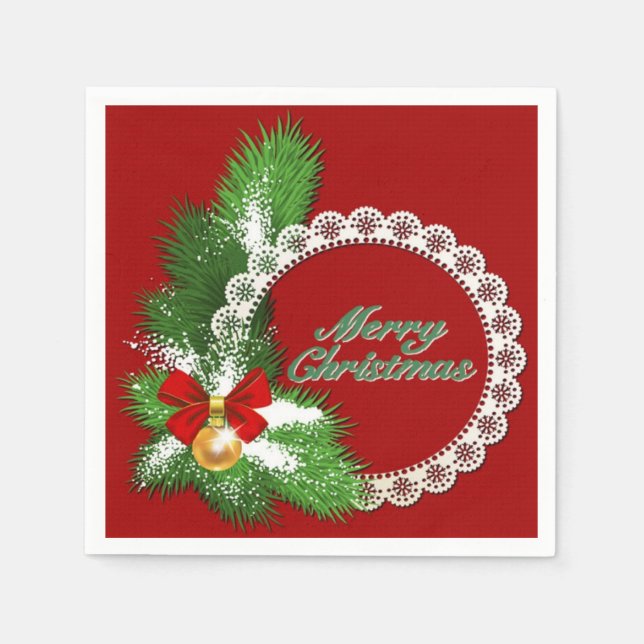 Serviette En Papier Joyeux Noël Wreath Red Napkins (Devant)