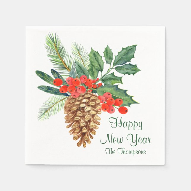 Serviette En Papier Joyeux Nouvel An Pine Holly Aquarelle Nom Floral (Devant)