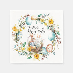 Serviette En Papier Joyeux Pâques deux bannies et fleurs Pâques
