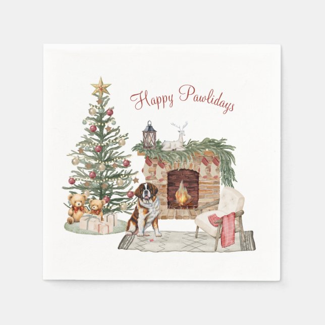 Serviette En Papier Joyeux Pawlidays Design de Chien - St-Bernard (Devant)