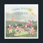 Serviette En Papier Joyeux Pique-nique Editable Birthday Kids Boy Invi<br><div class="desc">Cette carte d'invitation à l'anniversaire de la petite fille amusante et mignonne présente une scène de pique-nique joyeuse entourée par la nature, l'air frais et le ciel ensoleillé. Nous voyons des enfants jouer, un cerf-volant, un ballon, un gâteau, une guitare, un panier de pique-nique et un petit oiseau assis sur...</div>