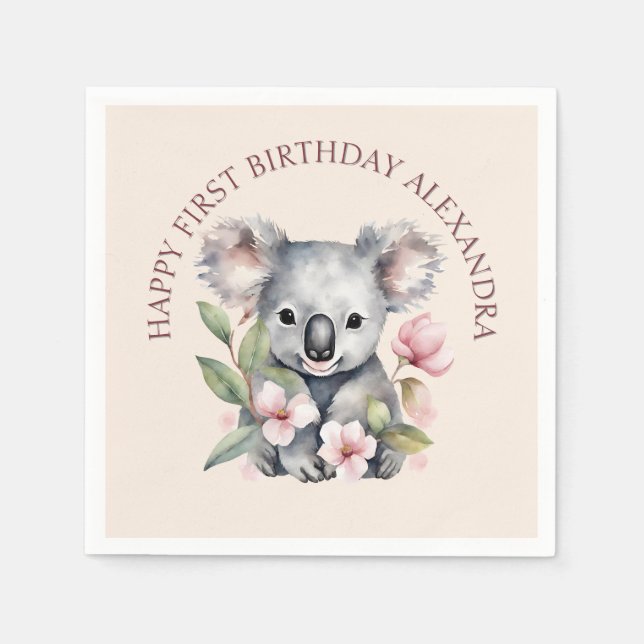 Serviette En Papier Joyeux premier anniversaire aquarelle Koala (Devant)