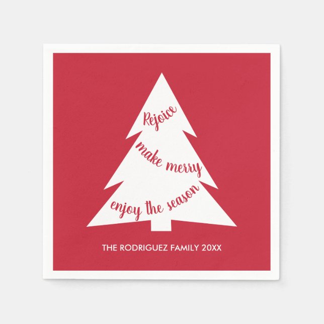 Serviette En Papier Joyeux Rouge Blanc Noël Arbre Nom Fête (Devant)