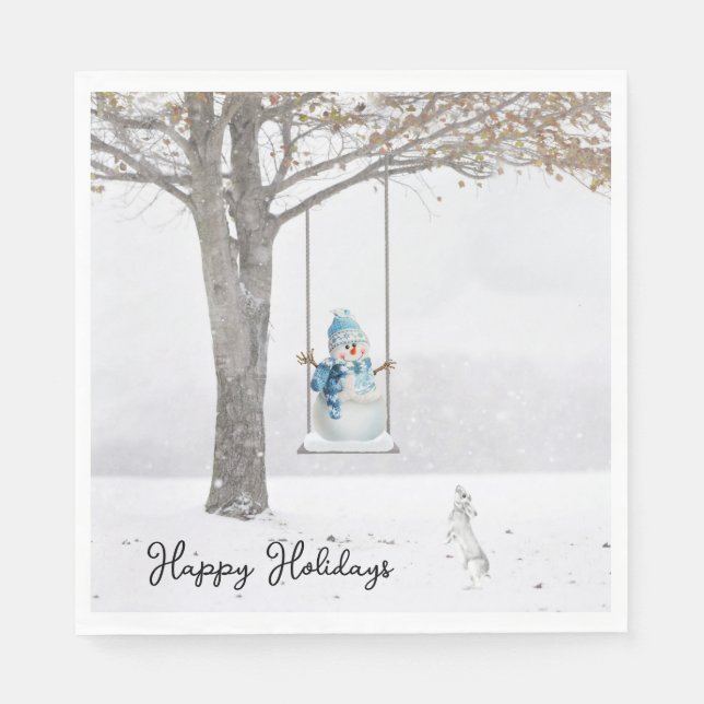 Serviette En Papier Joyeux Snowman De Vacances Sur La Neige D'Hiver (Devant)