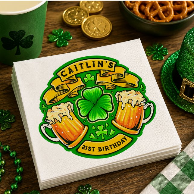 Serviette En Papier Joyeux St Patrick's Day Trèfle  21e Anniversaire  (Cheers St Patricks Day Shamrock 21st Birthday Napkins)