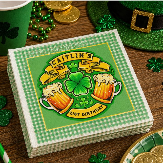 Serviette En Papier Joyeux St Patrick's Day Trèfle  21e Anniversaire  (Cheers St Patricks Day Shamrock 21st Birthday Napkins)