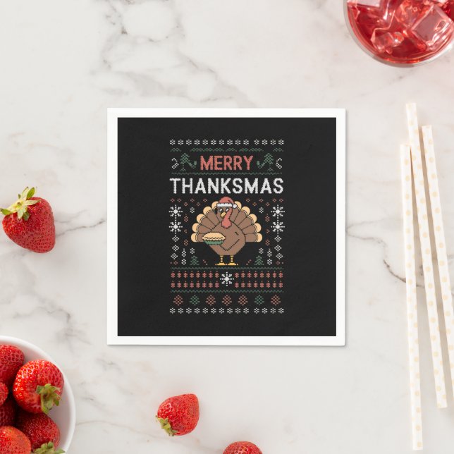Serviette En Papier Joyeux Thanksmas Noël Thanksgiving Dinde  (En situation)