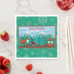 Serviette En Papier Joyeux train de Noël avec chien