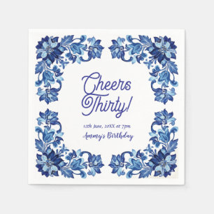 Serviette En Papier Joyeux trentième anniversaire royal bleu floral bo