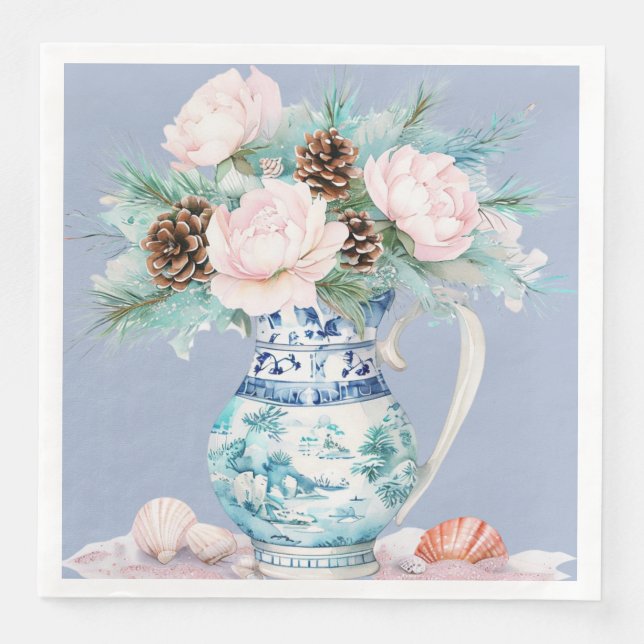 Serviette En Papier Jug de Chinoiserie avec Pinecones et Coquillages (Devant)