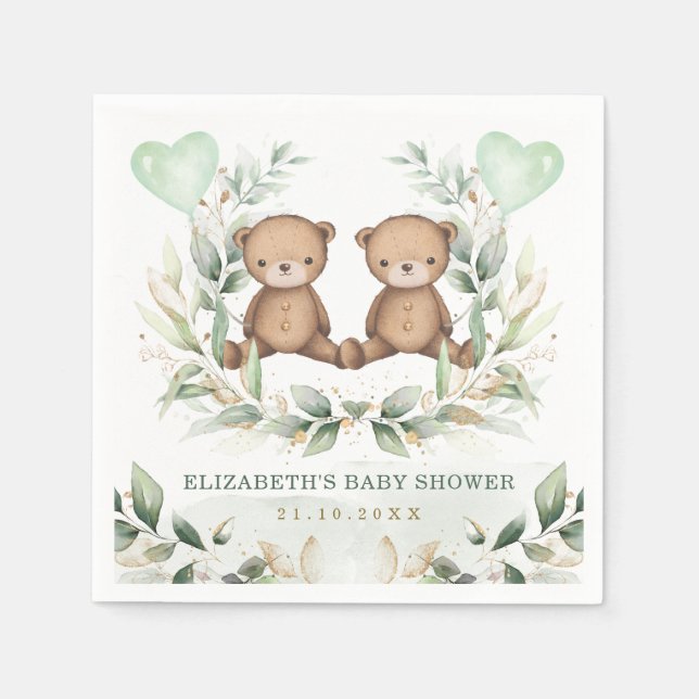 Serviette En Papier Jumeaux Nounours verdure or Baby shower balloon or (Devant)