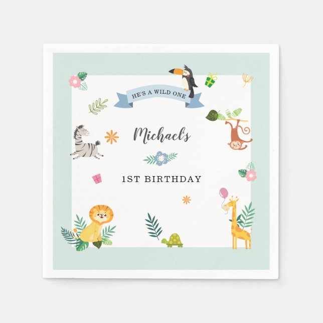 Serviette En Papier Jungle Safari animal 1er anniversaire Wild One (Devant)