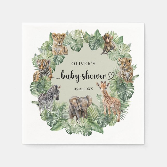 Serviette En Papier Jungle Safari Animaux Verdure Baby shower Garçon (Devant)