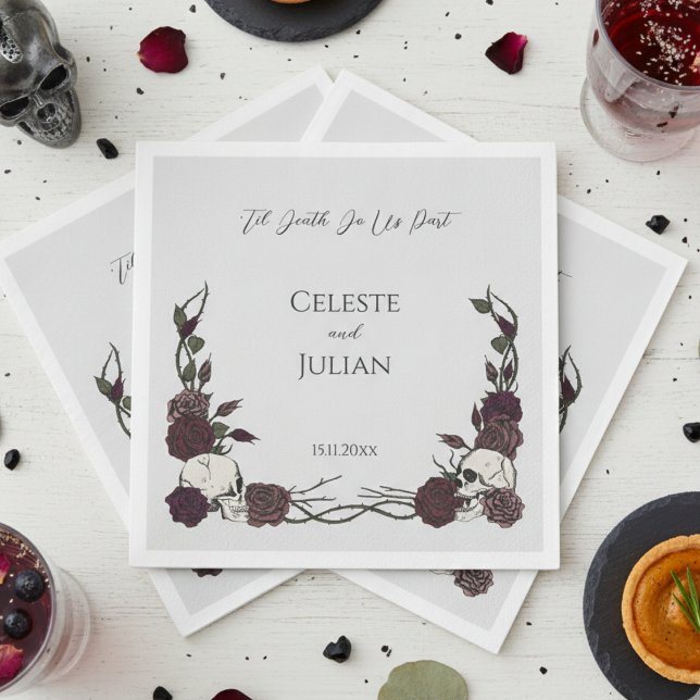 Serviette En Papier Jusqu'à ce que la mort nous sépare Crâne gothique  (Til Death Gothic Wedding Napkins for Hallowedding or Gothic Party for Her. Dramatic Skull and Roses)