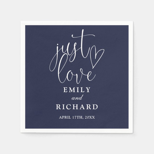 Serviette En Papier Just Love Script Elegant Mariage bleu marine (Devant)