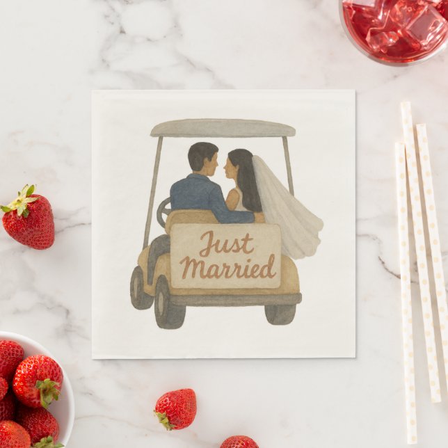 Serviette En Papier 'Just Married' Bride and Groom in a Golf Cart  (En situation)