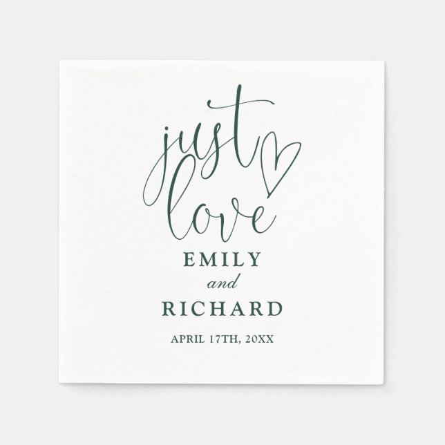 Serviette En Papier Juste Amour Script Élégant Vert Émeraude Mariage (Devant)