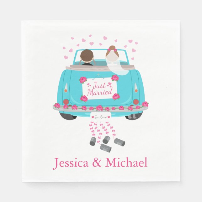 Serviette En Papier Juste Marié Blue Turquoise & Pink Mariage Car (Devant)