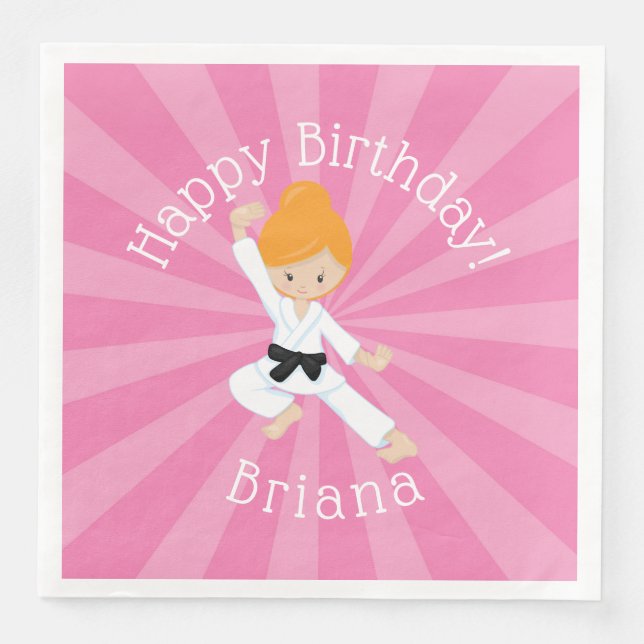 Serviette En Papier Karate Anniversaire fête Red Hair Girl rose (Devant)