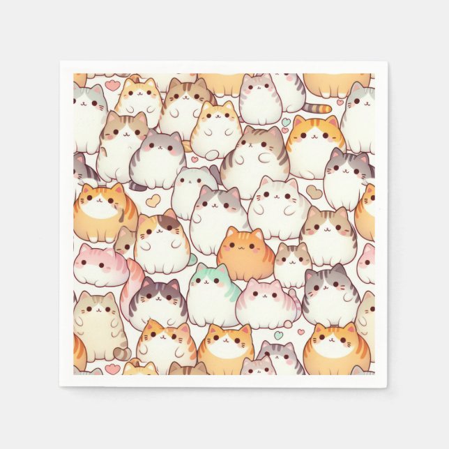 Serviette En Papier Kawaii Chubby Chats De Cartoon Avec Coeurs (Devant)