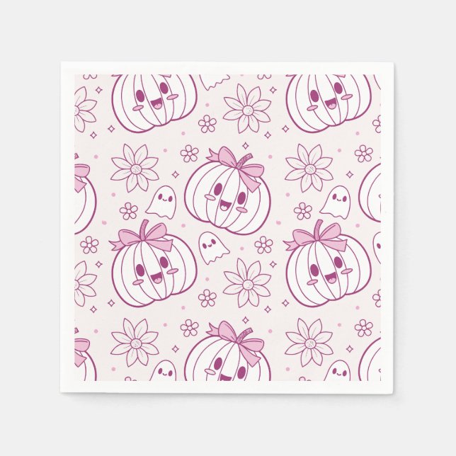 Serviette En Papier Kawaii Citrouilles, Fantômes & Fleurs (Devant)