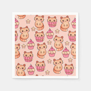 Serviette En Papier Kawaii Cute Cats and Cupcakes Motif rose