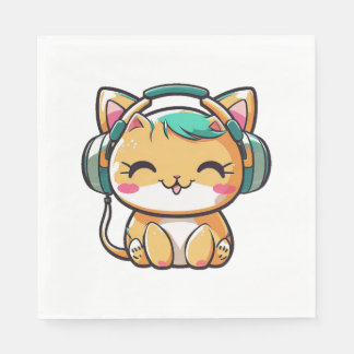 Serviette En Papier Kawaii Cute Happy Chat coloré avec casque