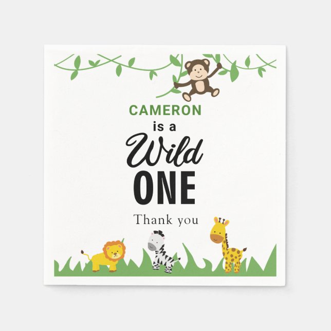 Serviette En Papier Kawaii Wild Un Anniversaire Safari Jungle Animaux (Devant)