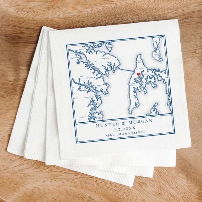 Serviette En Papier Kent Island Stevensville Maryland Map Mariage (These Kent Island map napkins are perfect for your Kent Island Maryland destination wedding)