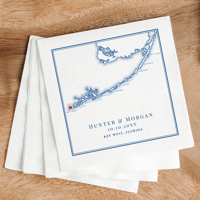 Serviette En Papier Key West FL Map Élégant Mariage bleu marine (Key West FL Map Wedding Napkins for an elegant navy blue destination wedding by Coastal Map Designs)