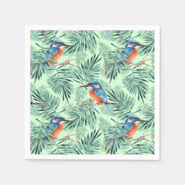 Serviette En Papier Kingfisher. Oiseaux et feuilles (Devant)