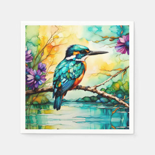 Serviette En Papier Kingfisher sur l'eau et les Fleurs sauvages