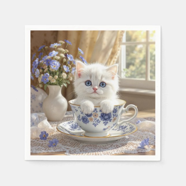 Serviette En Papier Kitten blanc dans une Tea up (Devant)