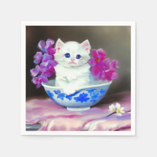 Serviette En Papier Kitten blanc vintage aux fleurs roses