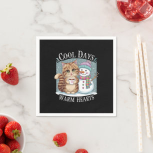 Serviette En Papier Kitten Cat and Snowman Friends Share Coffee Winter