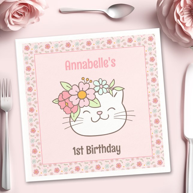 Serviette En Papier Kitten Kitty Chat Rose fille 1er Anniversaire serv (Kitten Kitty Cat Pink Girl 1st Birthday Napkins)