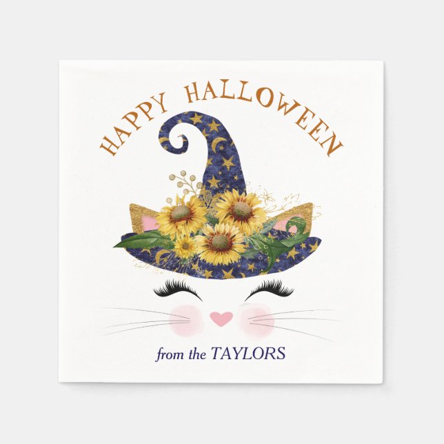 Serviette En Papier Kitty Face Gold Floral Halloween (Devant)