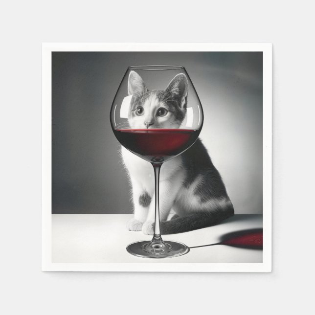 Serviette En Papier Kitty Peeking Through a Wine Glass (Devant)