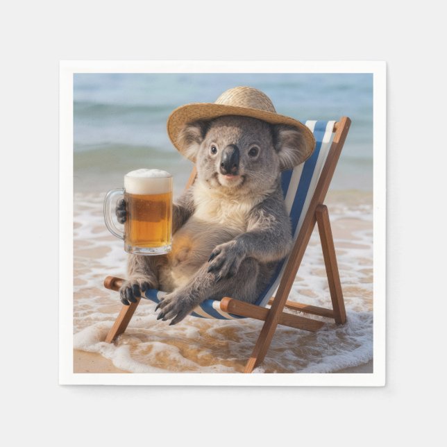 Serviette En Papier Koala avec une bière sur une plage (Devant)