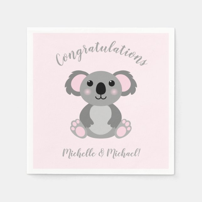 Serviette En Papier Koala ours Baby shower fille rose (Devant)