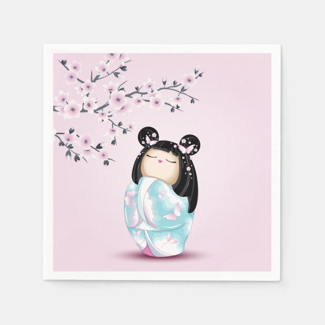Serviette En Papier Kokeshi Poupée rose Turquoise Filles Anniversaire (Devant)