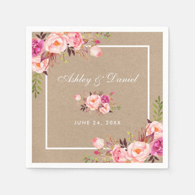Serviette En Papier Kraft Aquarelle rose Blush FlorMariage (Devant)