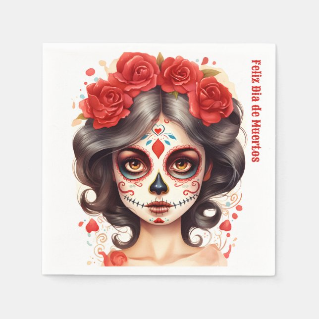 Serviette En Papier La Calavera Catarina 💀 en Flores Rojas 🌹 (Devant)